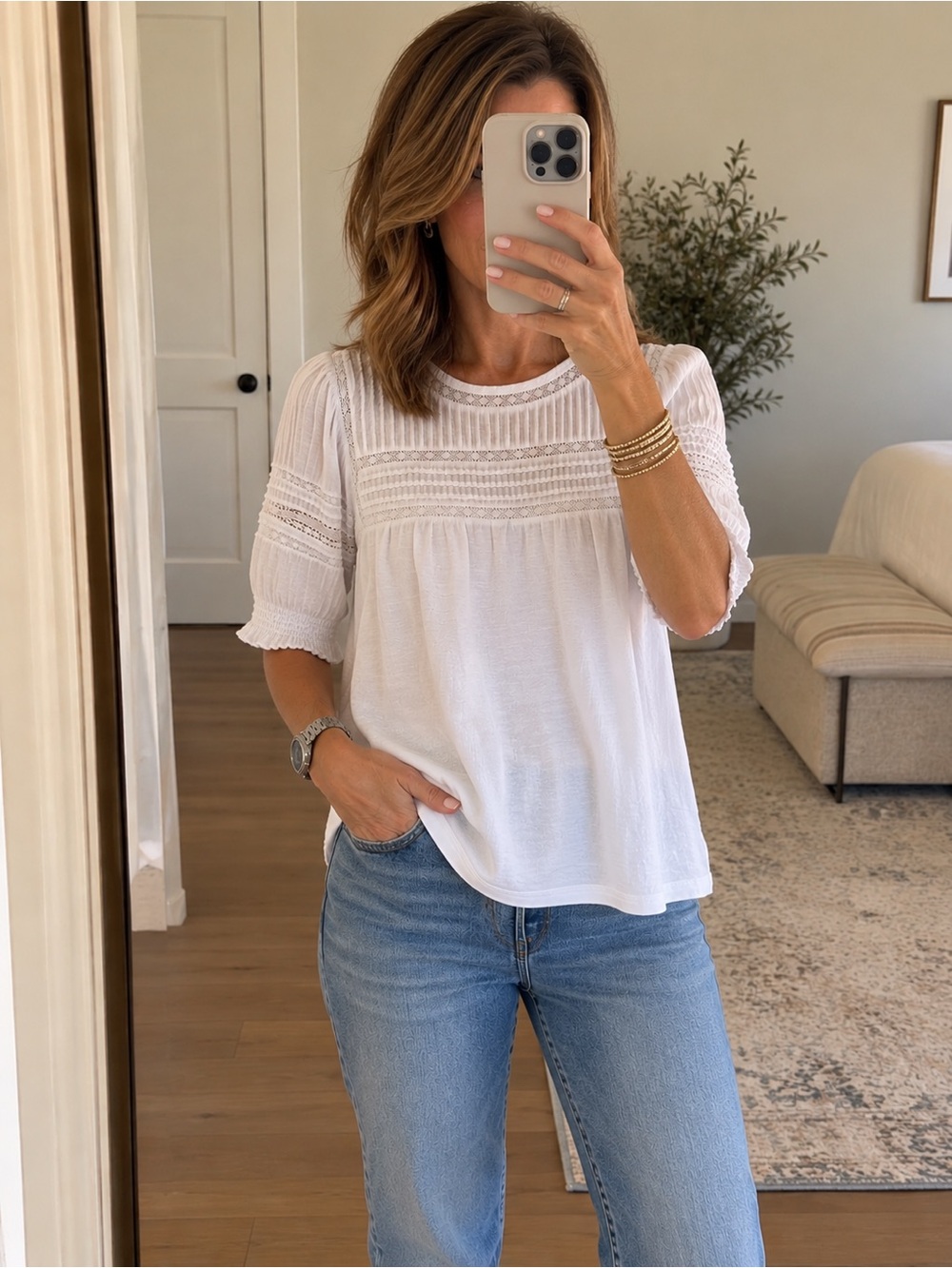 LOFT White Lace Yoke Short Sleeve Peasant T-Shirt - Large